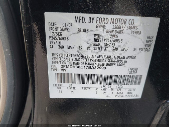 Aukcja sprzedaży 2007 Ford Edge Sel, vin: 2FMDK38C17BA32990, numer aukcji: 45194455