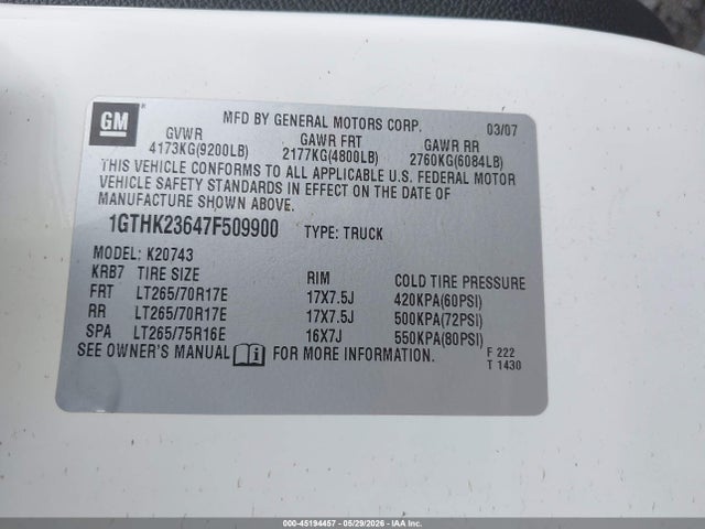 Aukcja sprzedaży 2007 Gmc Sierra 2500hd Slt, vin: 1GTHK23647F509900, numer aukcji: 45194457