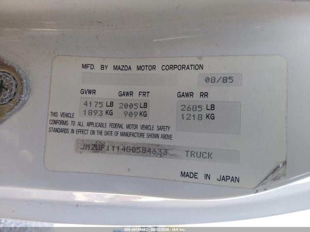 45194463 :رقم المزاد ، JM2UF1114G0584633 vin ، 1986 Mazda B2000 مزاد بيع