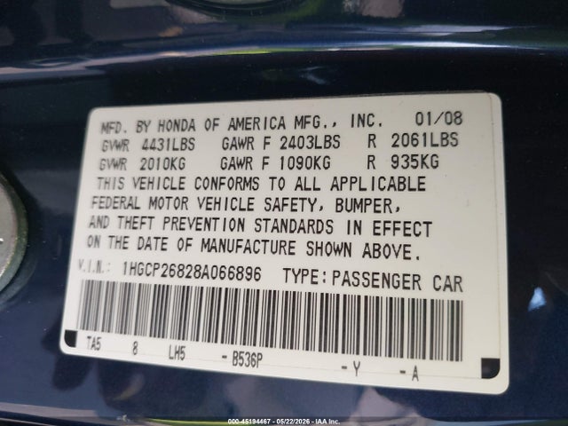 Aukcja sprzedaży 2008 Honda Accord 2.4 Ex-l, vin: 1HGCP26828A066896, numer aukcji: 45194467