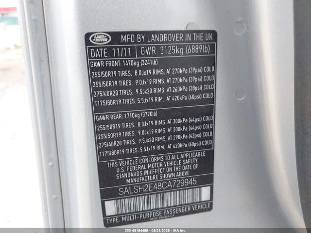 45194468 :رقم المزاد ، SALSH2E48CA729945 vin ، 2012 Land Rover Range Rover Sport Supercharged مزاد بيع