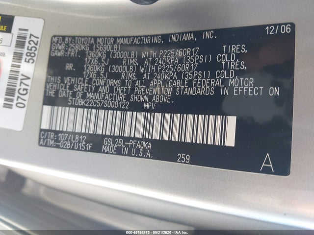 Продажа на аукционе авто 2007 Toyota Sienna Xle, vin: 5TDBK22C57S000122, номер лота: 45194475