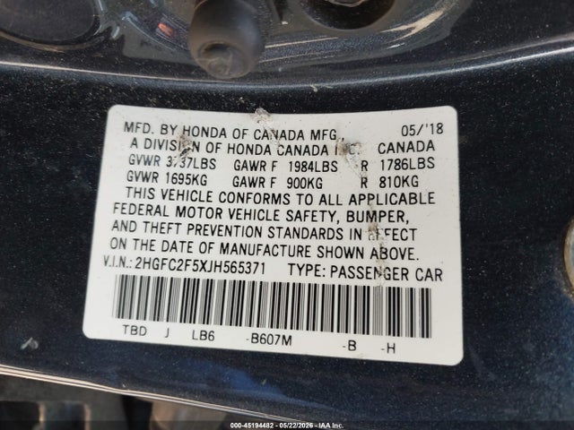 45194482 :رقم المزاد ، 2HGFC2F5XJH565371 vin ، 2018 Honda Civic Lx مزاد بيع