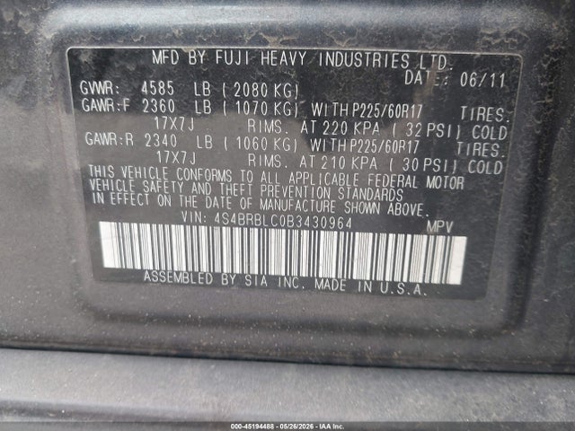 Aukcja sprzedaży 2011 Subaru Outback 2.5i Limited, vin: 4S4BRBLC0B3430964, numer aukcji: 45194488