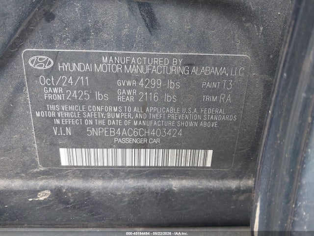 45194494 :رقم المزاد ، 5NPEB4AC6CH403424 vin ، 2012 Hyundai Sonata Gls مزاد بيع