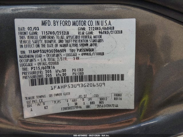 Продажа на аукционе авто 2003 Ford Taurus Se, vin: 1FAHP53U93G206509, номер лота: 45194502