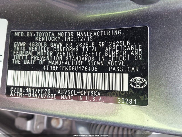 45194504 :رقم المزاد ، 4T1BF1FK0GU176406 vin ، 2016 Toyota Camry Se مزاد بيع