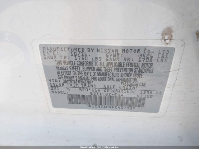 45194508 :رقم المزاد ، 3N1CN7AP4HK407037 vin ، 2017 Nissan Versa 1.6 Sv مزاد بيع