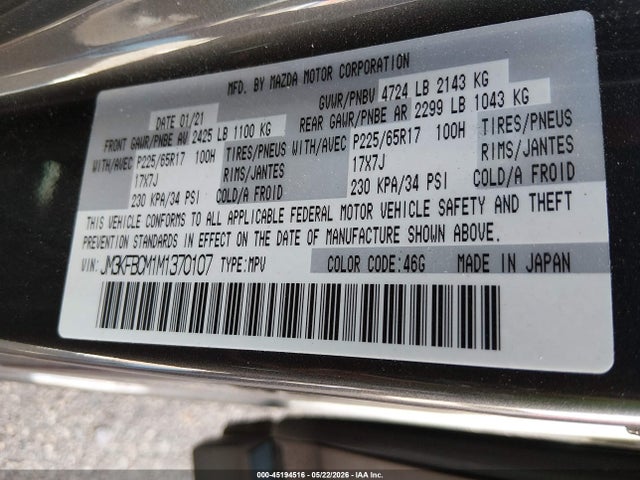 2021 Mazda Cx-5 Touring მანქანა იყიდება აუქციონზე, vin: JM3KFBCM1M1370107, აუქციონის ნომერი: 45194516