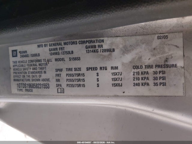 45194557 :رقم المزاد ، 1GTDS196858231553 vin ، 2005 Gmc Canyon Sle مزاد بيع
