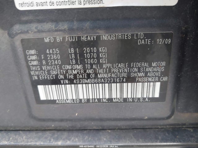 45194562 :رقم المزاد ، 4S3BMBB68A3231674 vin ، 2010 Subaru Legacy 2.5i Premium مزاد بيع