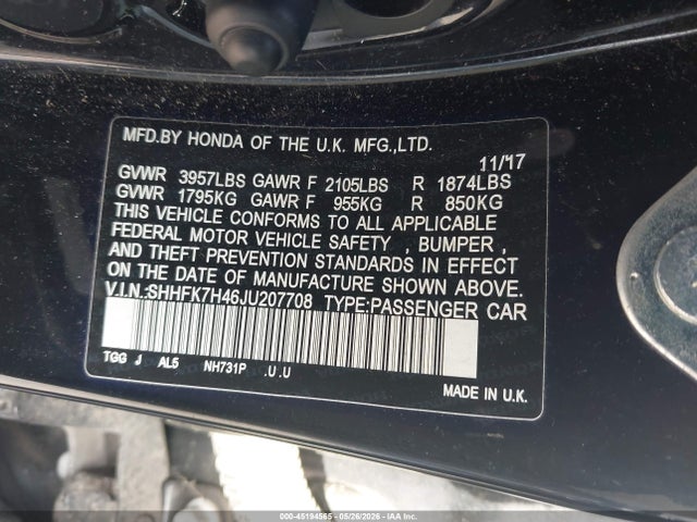 2018 Honda Civic Sport მანქანა იყიდება აუქციონზე, vin: SHHFK7H46JU207708, აუქციონის ნომერი: 45194565