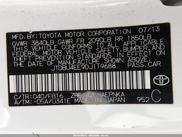 45194570 :رقم المزاد ، JTDBU4EE9DJ119688 vin ، 2013 Toyota Corolla Le مزاد بيع