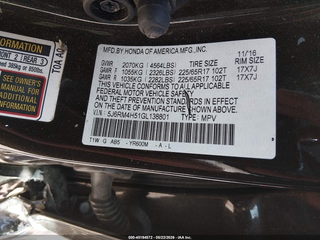 45194572 :رقم المزاد ، 5J6RM4H51GL138801 vin ، 2016 Honda Cr-v Ex مزاد بيع