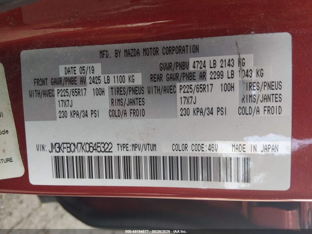 Auction sale of the 2019 Mazda Cx-5 Touring, vin: JM3KFBCM7K0645322, lot number: 45194577
