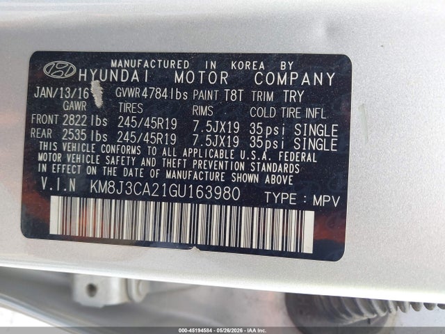 Auction sale of the 2016 Hyundai Tucson Limited, vin: KM8J3CA21GU163980, lot number: 45194584