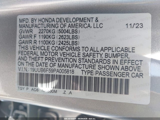 Продаж на аукціоні авто 2023 Acura Tlx A-spec Package, vin: 19UUB6F59PA005818, номер лоту: 45194585