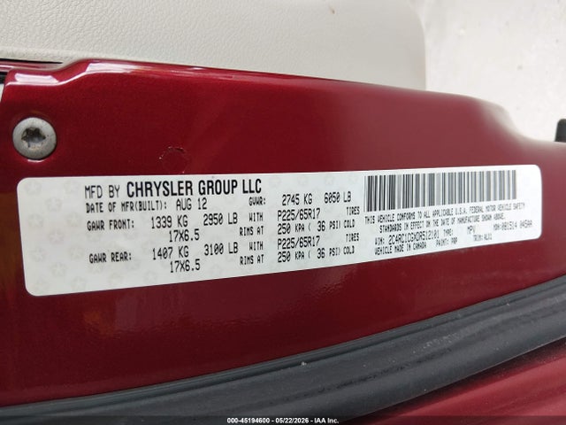 Продажа на аукционе авто 2013 Chrysler Town & Country Touring-l, vin: 2C4RC1CGXDR512101, номер лота: 45194600