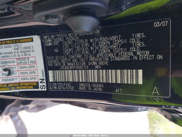 2007 Toyota 4runner Sr5 V6 მანქანა იყიდება აუქციონზე, vin: JTEZU14R978080724, აუქციონის ნომერი: 45194602