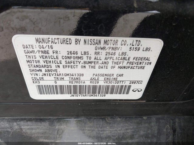 45194604 :رقم المزاد ، JN1EV7AR1GM341328 vin ، 2016 Infiniti Q50 3.0t Premium مزاد بيع