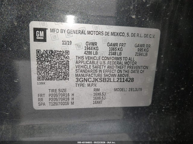 3GNCJKSB2LL211428 Chevrolet Trax Fwd Ls