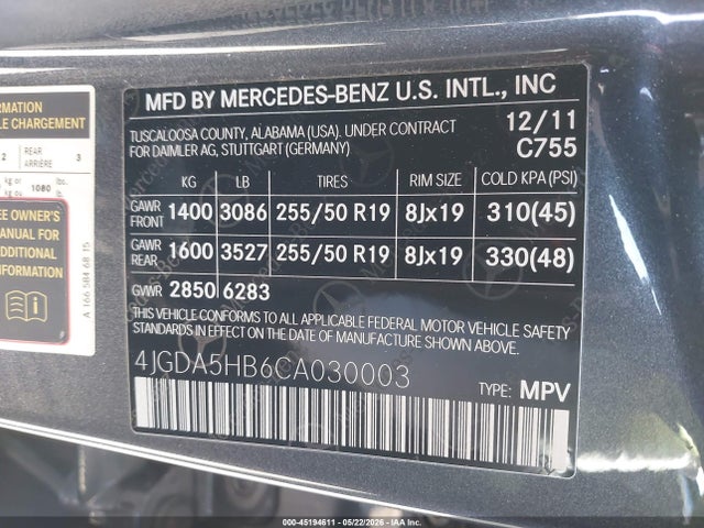 Продаж на аукціоні авто 2012 Mercedes-benz Ml 350 4matic, vin: 4JGDA5HB6CA030003, номер лоту: 45194611