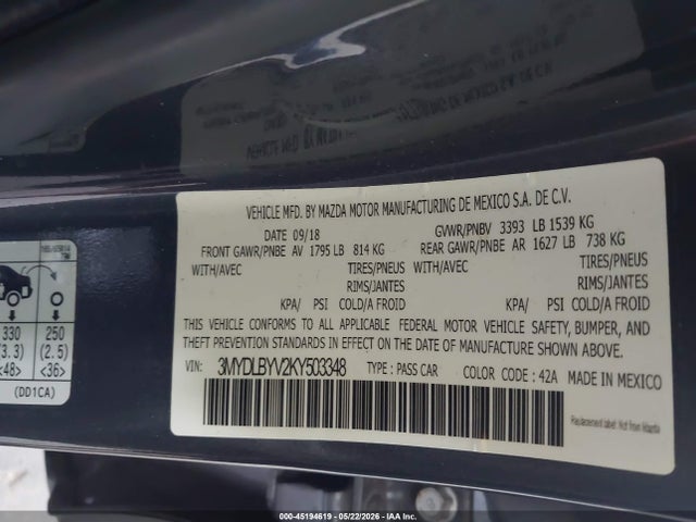 2019 Toyota Yaris Le მანქანა იყიდება აუქციონზე, vin: 3MYDLBYV2KY503348, აუქციონის ნომერი: 45194619