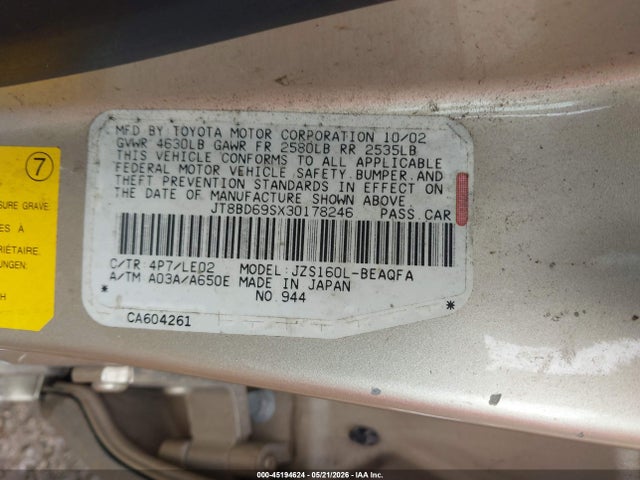 45194624 :رقم المزاد ، JT8BD69SX30178246 vin ، 2003 Lexus Gs 300 مزاد بيع