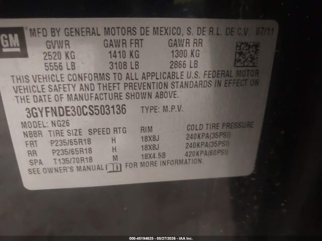 Продажа на аукционе авто 2012 Cadillac Srx Luxury Collection, vin: 3GYFNDE30CS503136, номер лота: 45194625