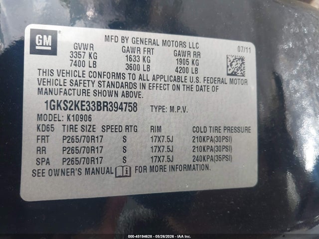 Продаж на аукціоні авто 2011 Gmc Yukon Xl 1500 Slt, vin: 1GKS2KE33BR394758, номер лоту: 45194628