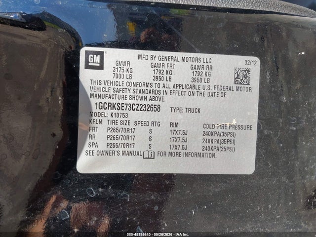 2012 Chevrolet Silverado 1500 Lt მანქანა იყიდება აუქციონზე, vin: 1GCRKSE73CZ232658, აუქციონის ნომერი: 45194640