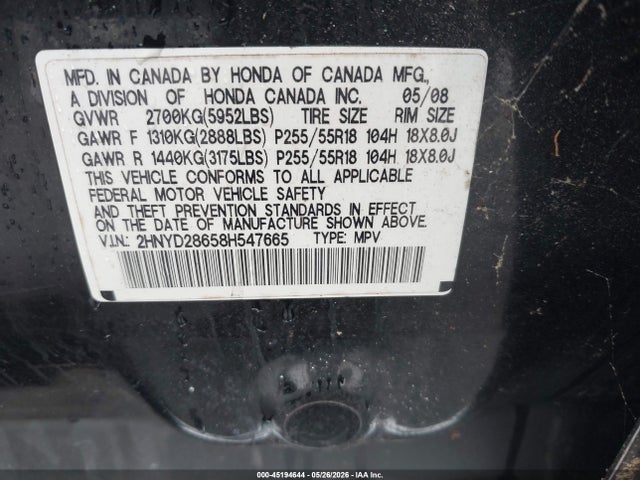 Aukcja sprzedaży 2008 Acura Mdx Technology Package, vin: 2HNYD28658H547665, numer aukcji: 45194644