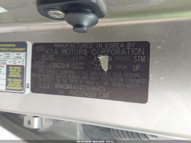 45194648 :رقم المزاد ، KNAGM4AD4D5046819 vin ، 2013 Kia Optima Hybrid Ex مزاد بيع