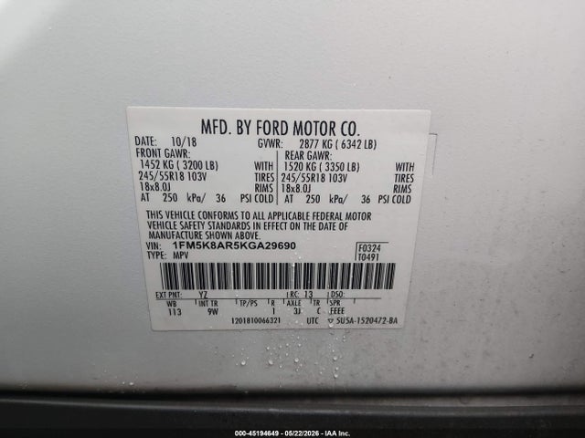 2019 Ford Police Interceptor Utility მანქანა იყიდება აუქციონზე, vin: 1FM5K8AR5KGA29690, აუქციონის ნომერი: 45194649