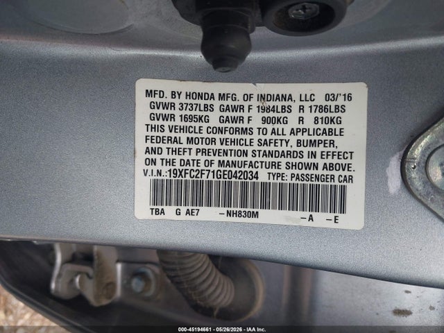 Aukcja sprzedaży 2016 Honda Civic Ex, vin: 19XFC2F71GE042034, numer aukcji: 45194661