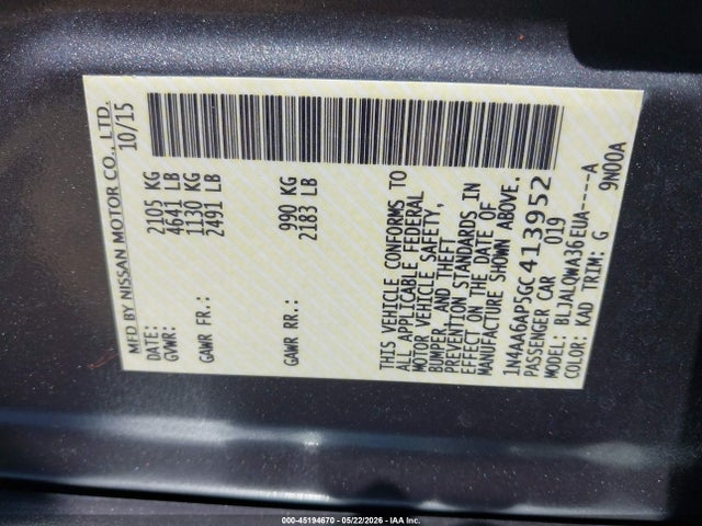 2016 Nissan Maxima 3.5 S მანქანა იყიდება აუქციონზე, vin: 1N4AA6AP5GC413952, აუქციონის ნომერი: 45194670