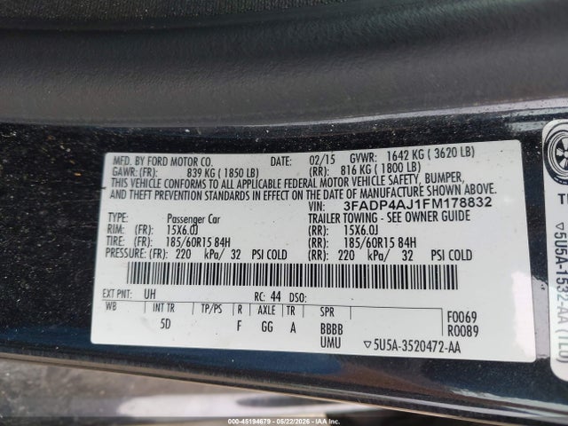 45194679 :رقم المزاد ، 3FADP4AJ1FM178832 vin ، 2015 Ford Fiesta S مزاد بيع