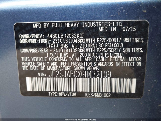 Продаж на аукціоні авто 2016 Subaru Forester 2.5i, vin: JF2SJABCXGH432109, номер лоту: 45194682