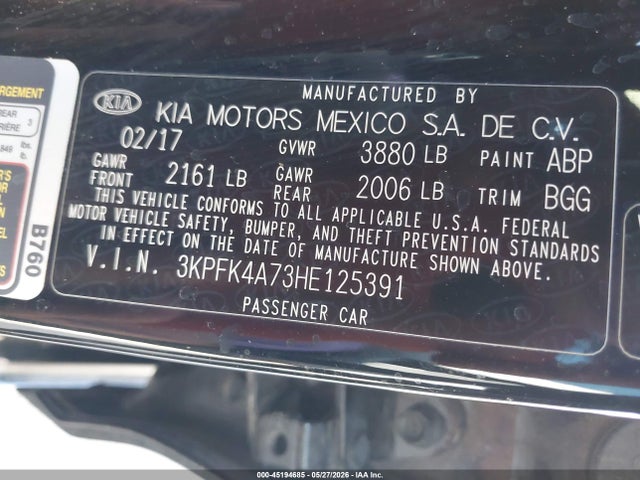 Продажа на аукционе авто 2017 Kia Forte Lx, vin: 3KPFK4A73HE125391, номер лота: 45194685