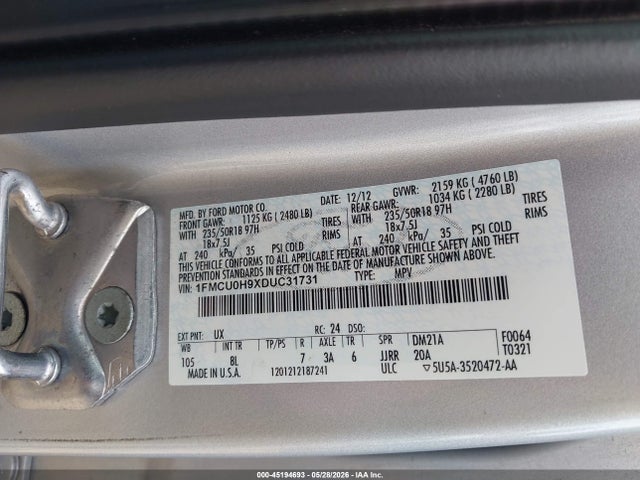 Aukcja sprzedaży 2013 Ford Escape Sel, vin: 1FMCU0H9XDUC31731, numer aukcji: 45194693