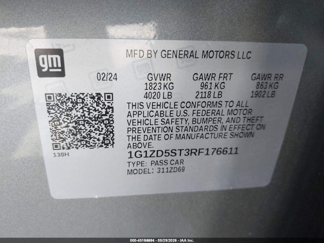Aukcja sprzedaży 2024 Chevrolet Malibu Fwd 1lt, vin: 1G1ZD5ST3RF176611, numer aukcji: 45194694