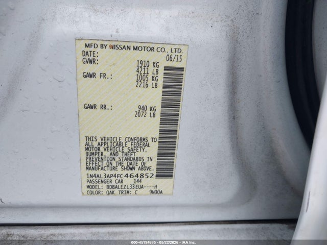 Nissan Altima 2.5 S 2015 1N4AL3AP4FC464852 Image 9