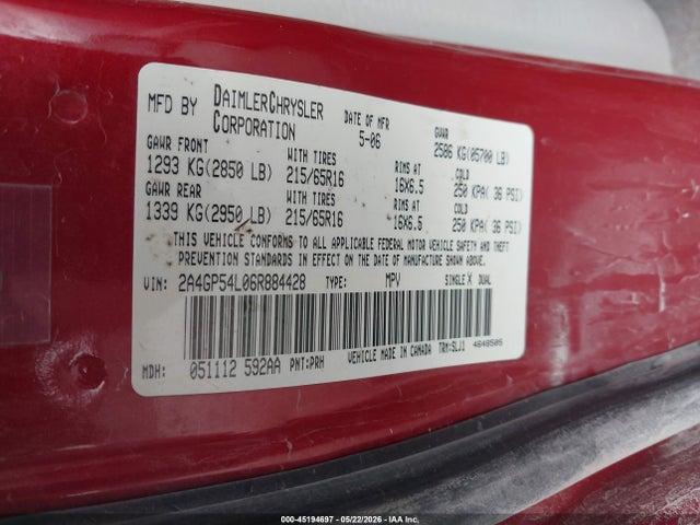 2006 Chrysler Town & Country Touring მანქანა იყიდება აუქციონზე, vin: 2A4GP54L06R884428, აუქციონის ნომერი: 45194697
