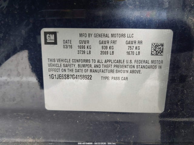 1G1JE6SB7G4158922 Chevrolet Sonic Ltz Auto
