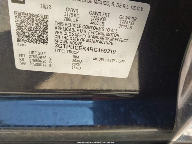 45194700 :رقم المزاد ، 3GTPUCEK4RG159319 vin ، 2024 Gmc Sierra 1500 4wd  Short Box Elevation With 3sb مزاد بيع