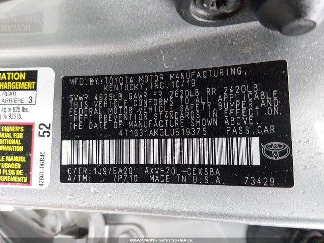 2020 Toyota Camry Se Hybrid მანქანა იყიდება აუქციონზე, vin: 4T1G31AK0LU519375, აუქციონის ნომერი: 45194701
