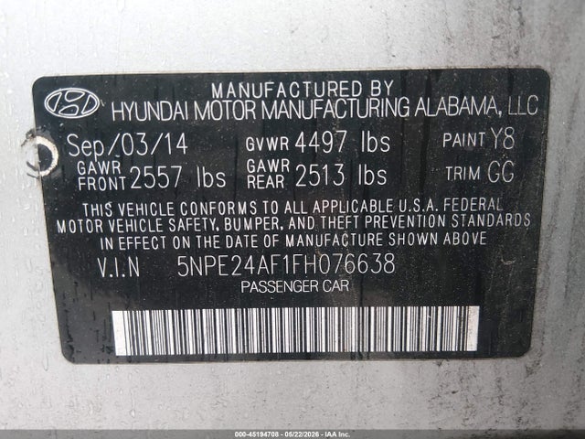 Продаж на аукціоні авто 2015 Hyundai Sonata Se, vin: 5NPE24AF1FH076638, номер лоту: 45194708