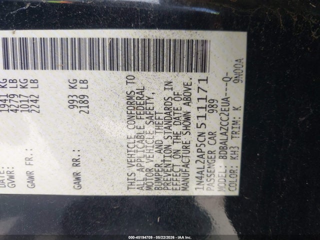 45194709 :رقم المزاد ، 1N4AL2AP5CN511171 vin ، 2012 Nissan Altima 2.5 مزاد بيع