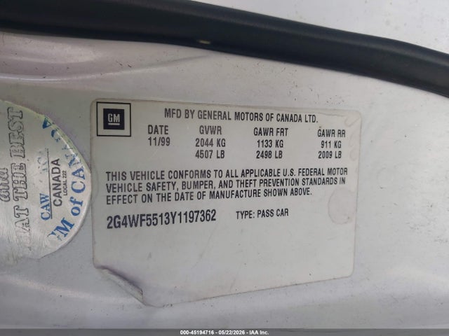 Продажа на аукционе авто 2000 Buick Regal Gs, vin: 2G4WF5513Y1197362, номер лота: 45194716