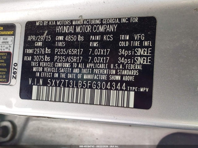 Aukcja sprzedaży 2015 Hyundai Santa Fe Sport 2.4l, vin: 5XYZT3LB5FG304344, numer aukcji: 45194743